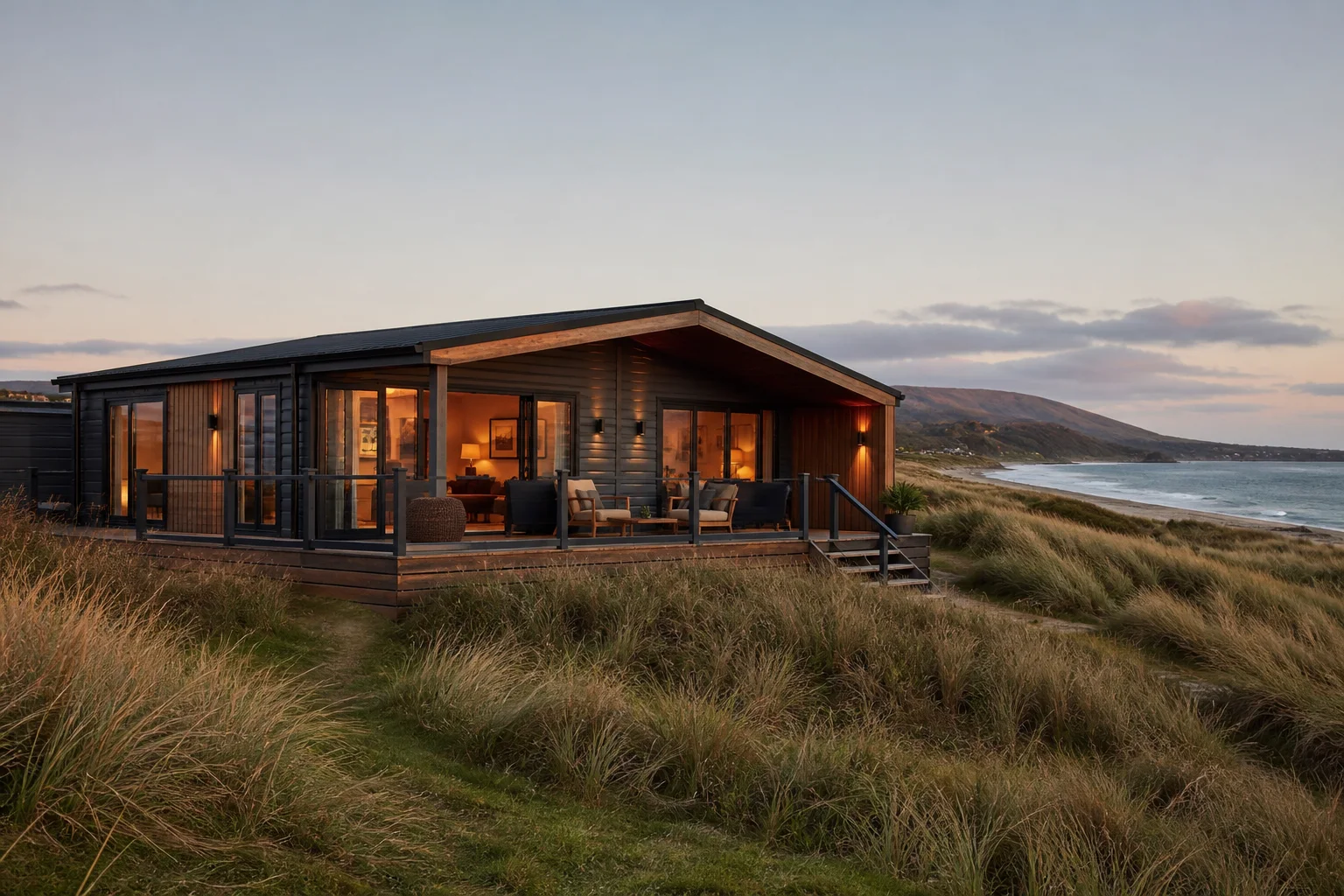Contemporary coastal lodge behind dunes