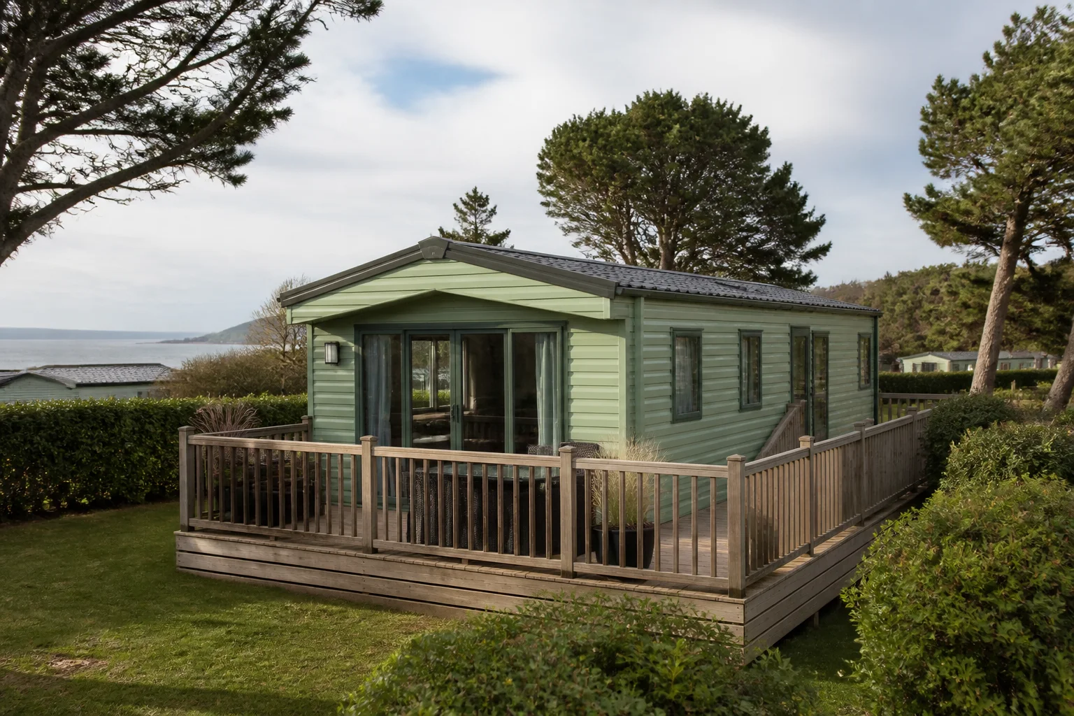 Well-kept pale sage pre-owned caravan and deck
