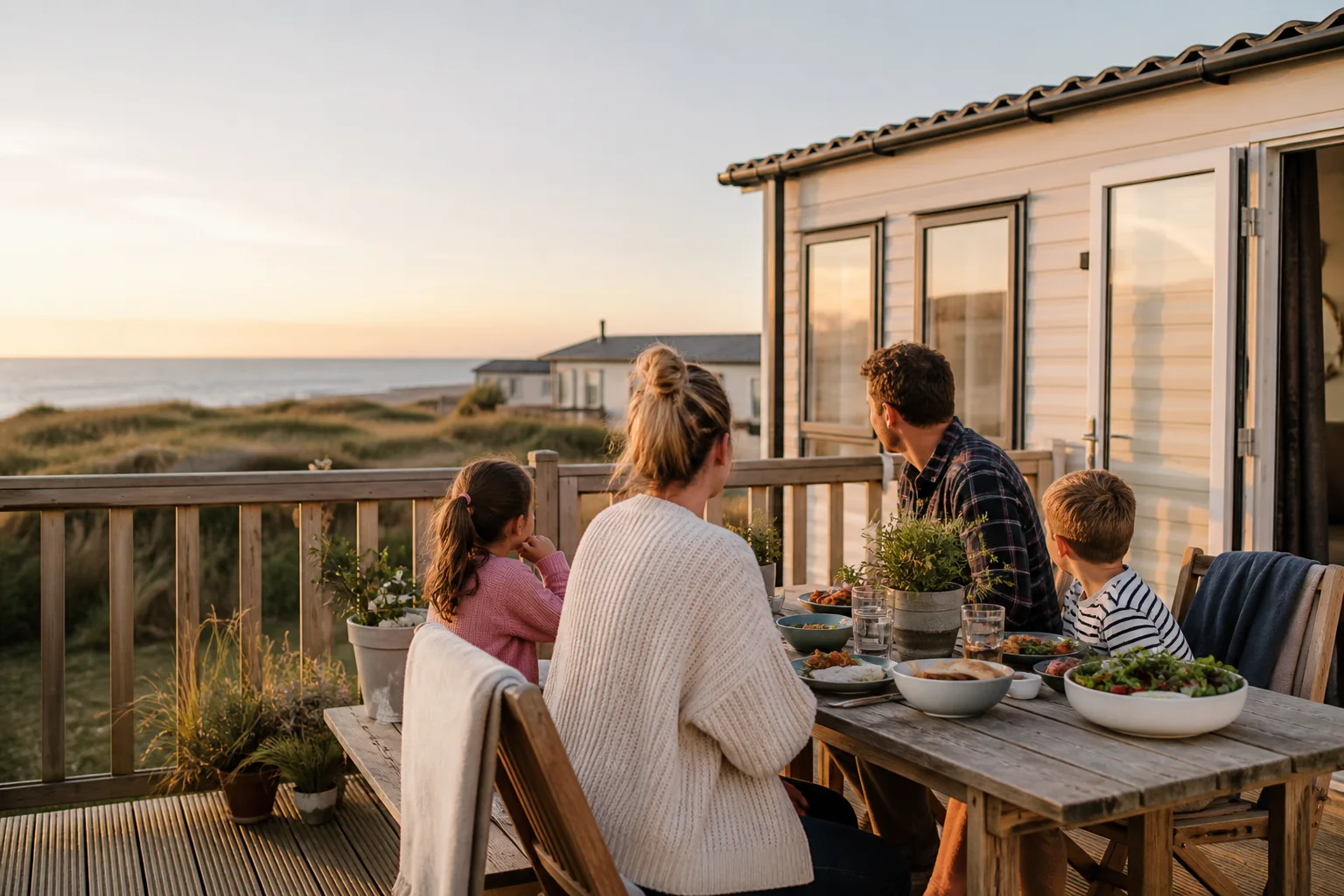Family enjoying a fictional caravan deck by the North Wales coast